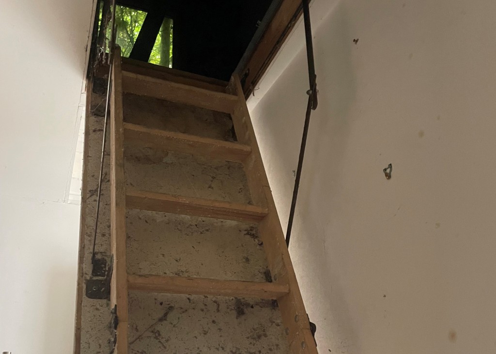 Lot: 179 - LEASEHOLD TOWN CENTRE COTTAGE FOR IMPROVEMENT WITH ADDITIONAL FREEHOLD LAND TO THE REAR - Internal drop-down stair access up to exit window